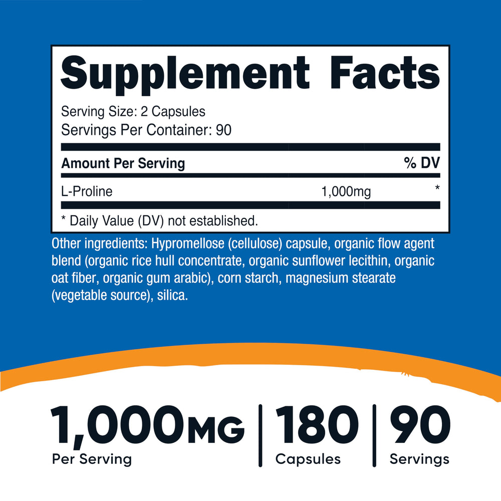 Nutricost L-Proline detalle de etiqueta con ingredientes y certificaciones que aporta confianza