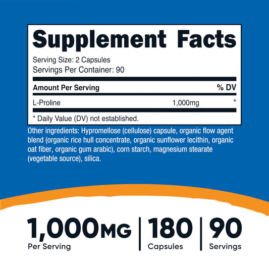 Nutricost L-Proline detalle de etiqueta con ingredientes y certificaciones que aporta confianza