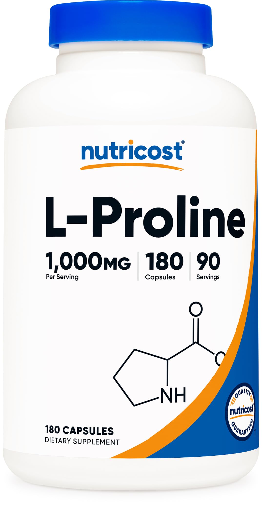 Nutricost L-Proline imagen frontal del frasco muestra información clara y beneficio de dosificación