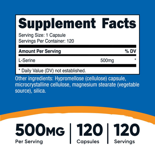 Nutricost L-Serine capsules close-up highlighting vegetarian formula for daily use