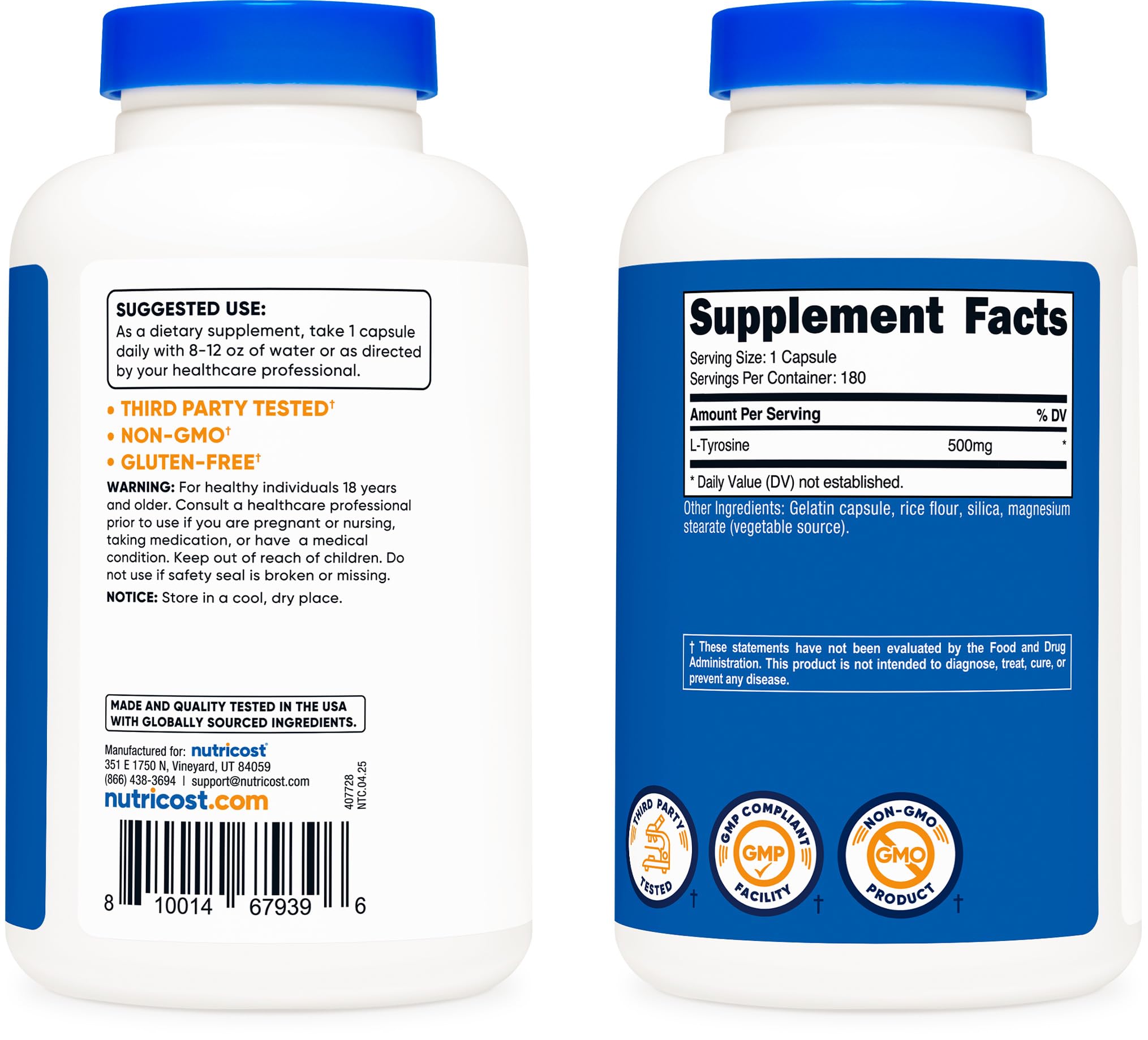 Frasco Nutricost L‑Tyrosine abierto con cápsulas visibles para ver contenido