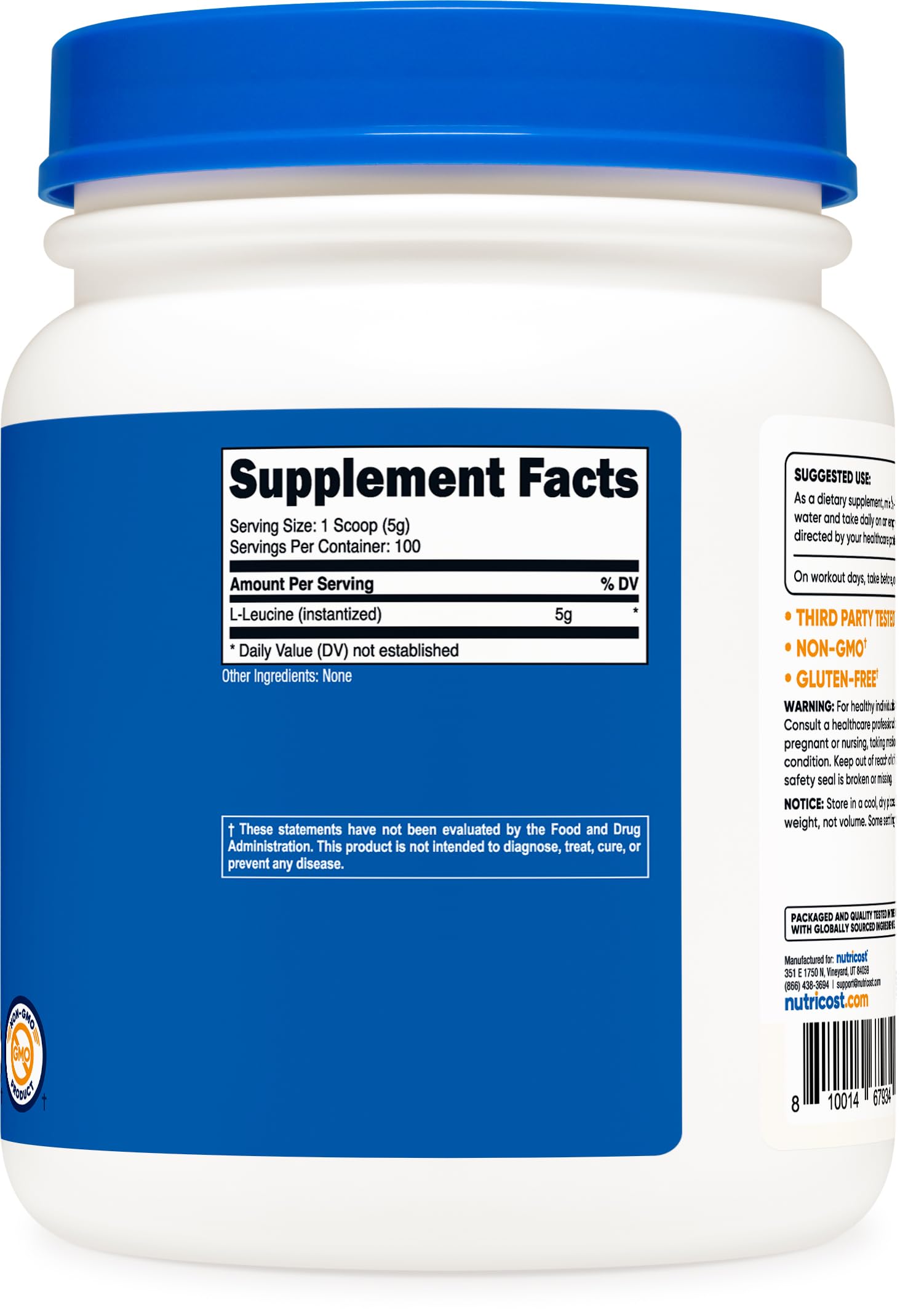 Nutricost etiqueta de ingredientes resaltando Pure L-Leucine y control de calidad