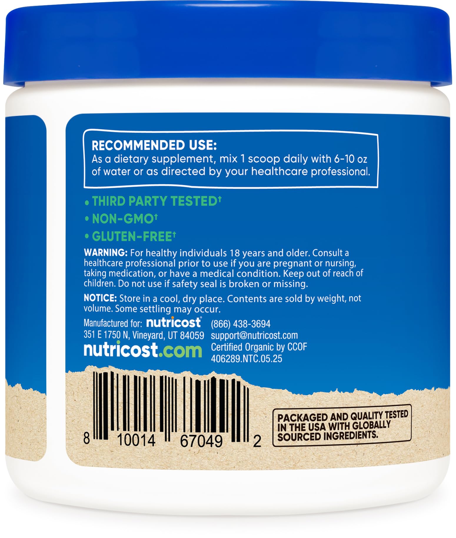 Nutricost Lion's Mane frasco al lado de una taza, muestra tamaño compacto