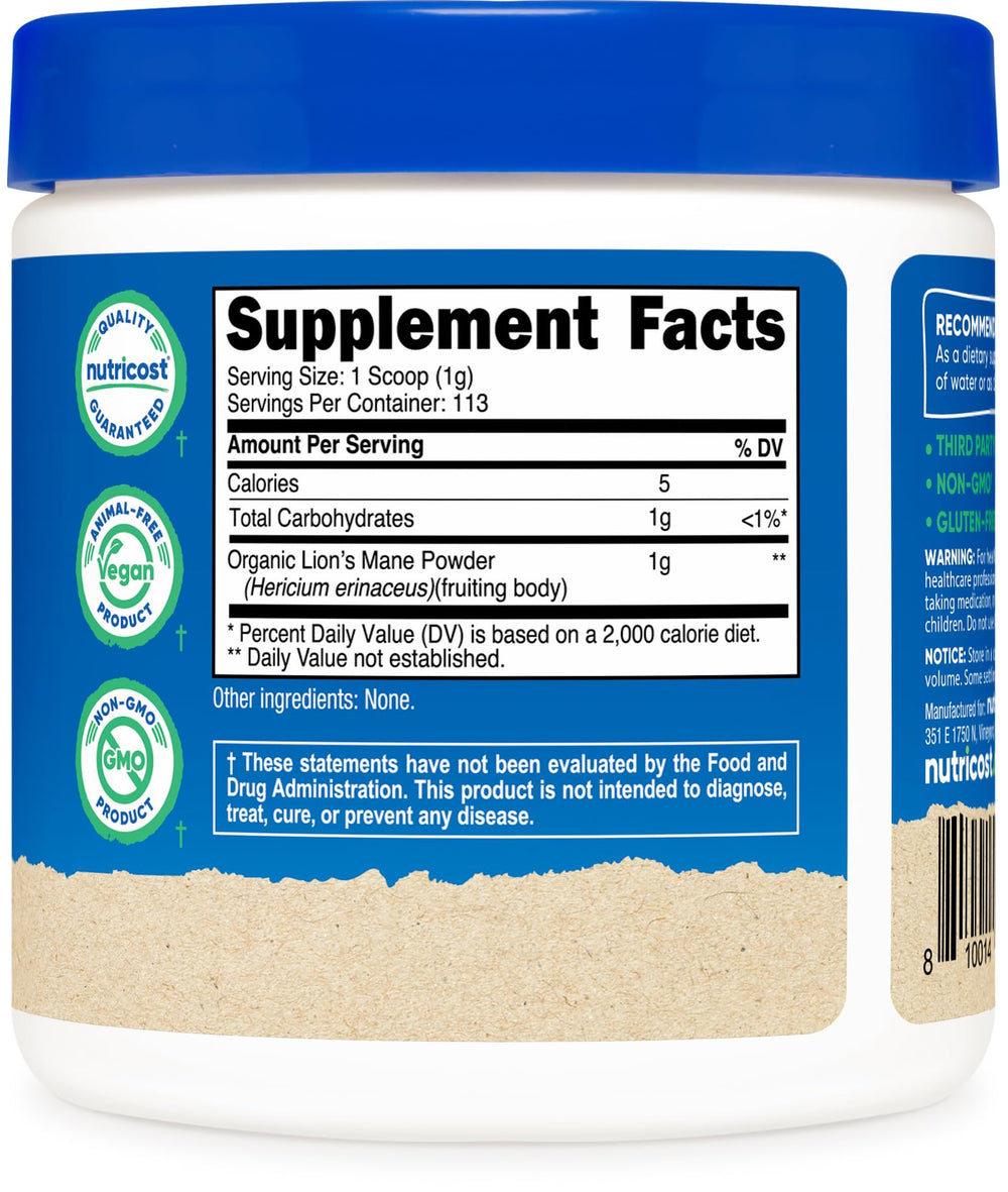 Nutricost Lion's Mane etiqueta con certificaciones USDA y pruebas de terceros