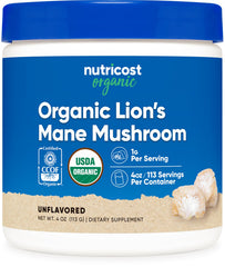 Nutricost Lion's Mane vista frontal con envase práctico y beneficios orgánicos