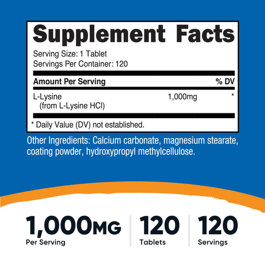 Nutricost L-Lysine 1000mg tablets close-up, easy-to-swallow option for daily use.