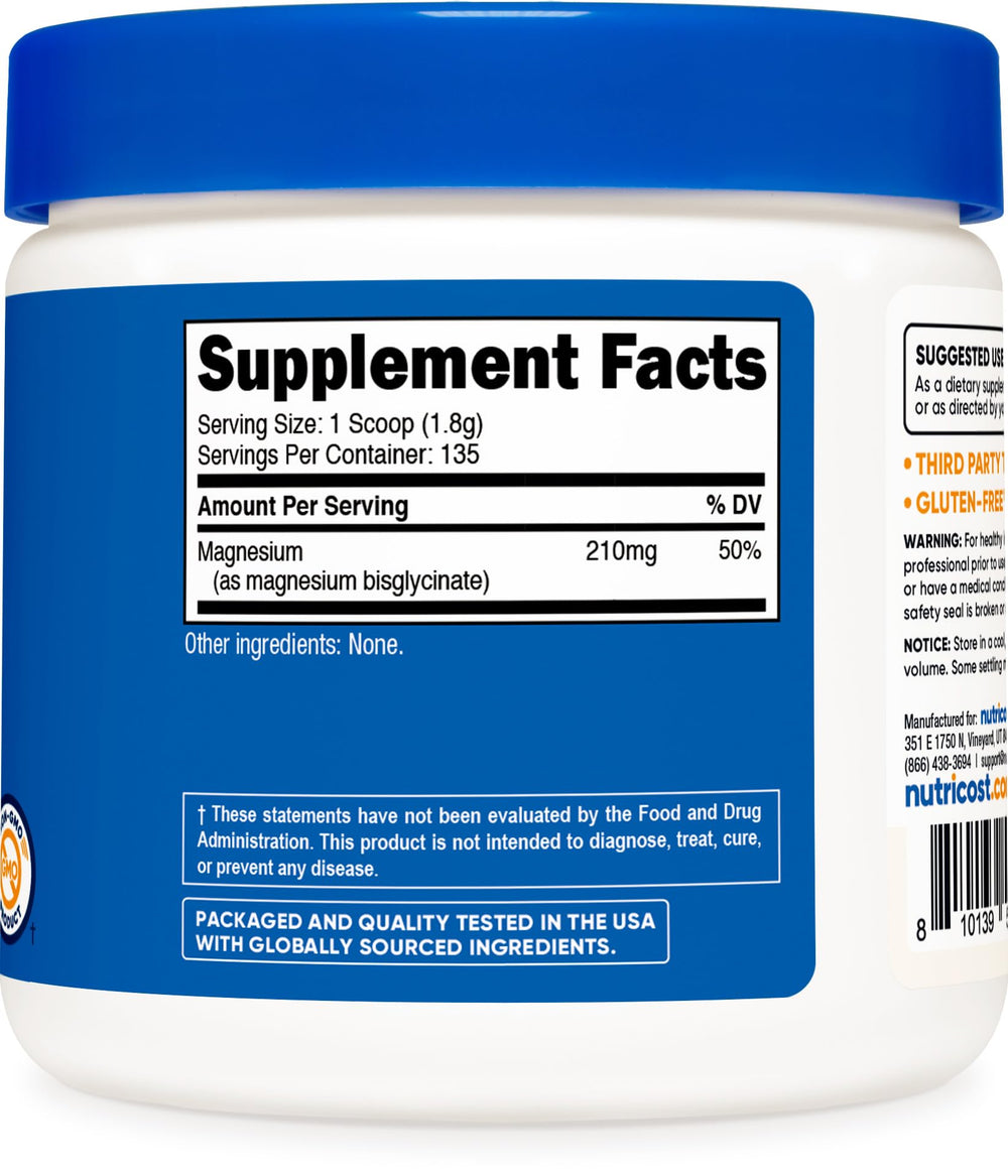 Detalle de etiqueta Nutricost magnesio glicinato con información de 210 mg por ración