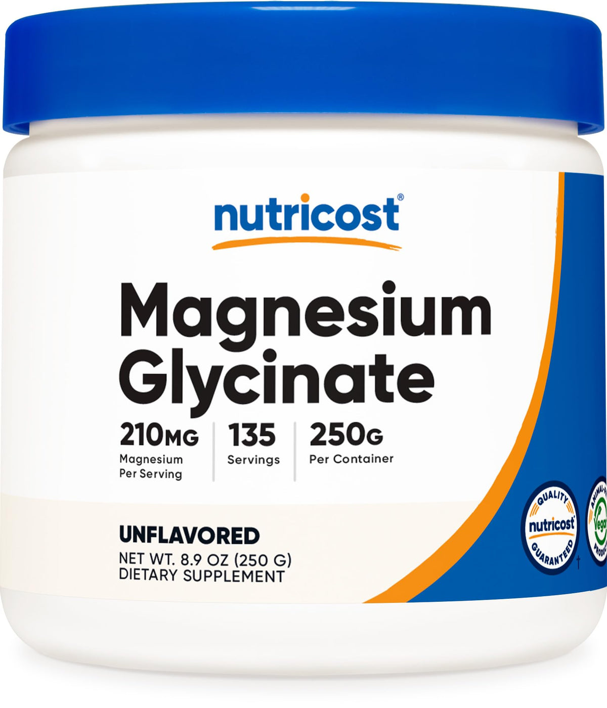 Nutricost magnesio glicinato frontal del envase mostrando tamaño y marca