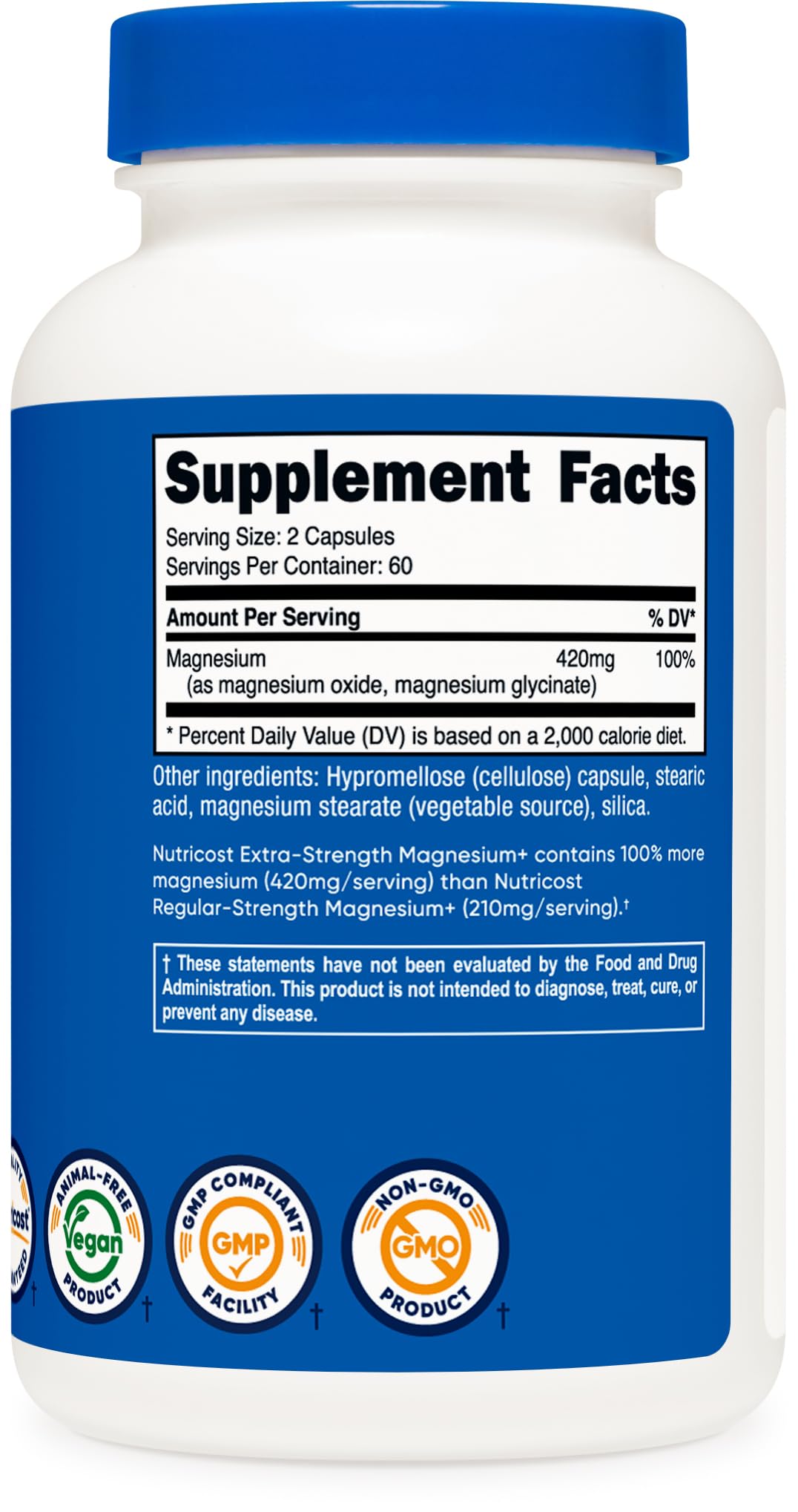 Etiqueta Nutricost con información de 420 mg por servicio y certificados