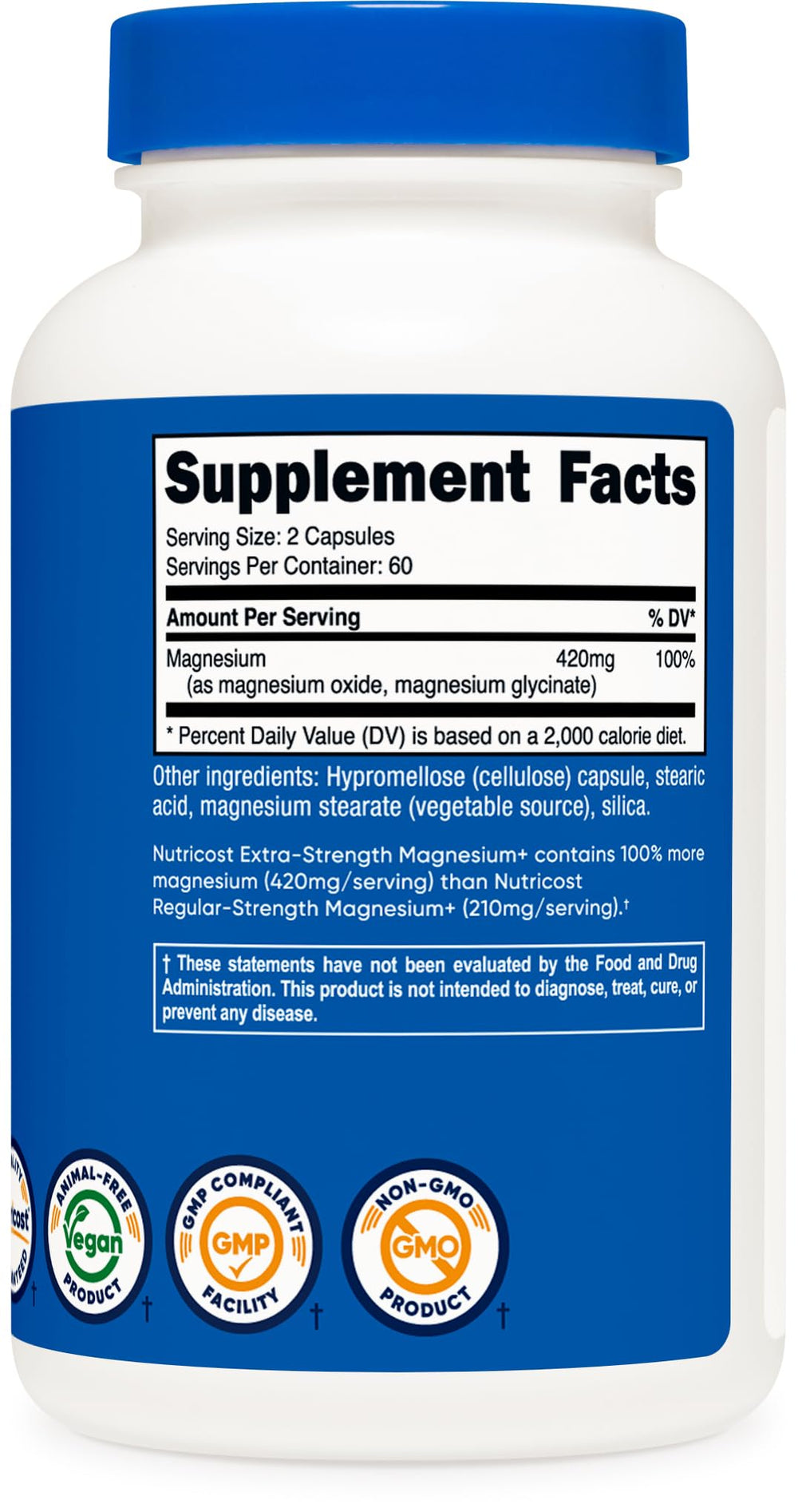 Etiqueta Nutricost con información de 420 mg por servicio y certificados