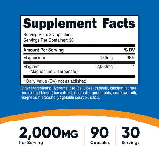 Nutricost Magtein cápsula en primer plano mostrando tamaño cómodo y pureza