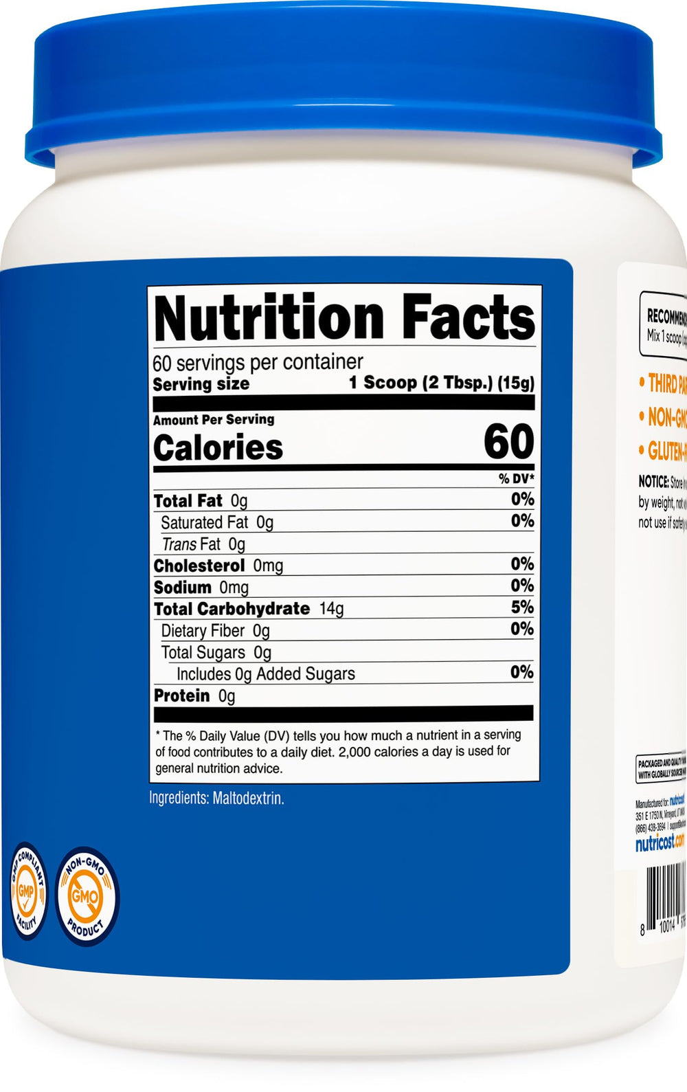 Etiqueta Nutricost con certificaciones Non-GMO y pruebas ISO
