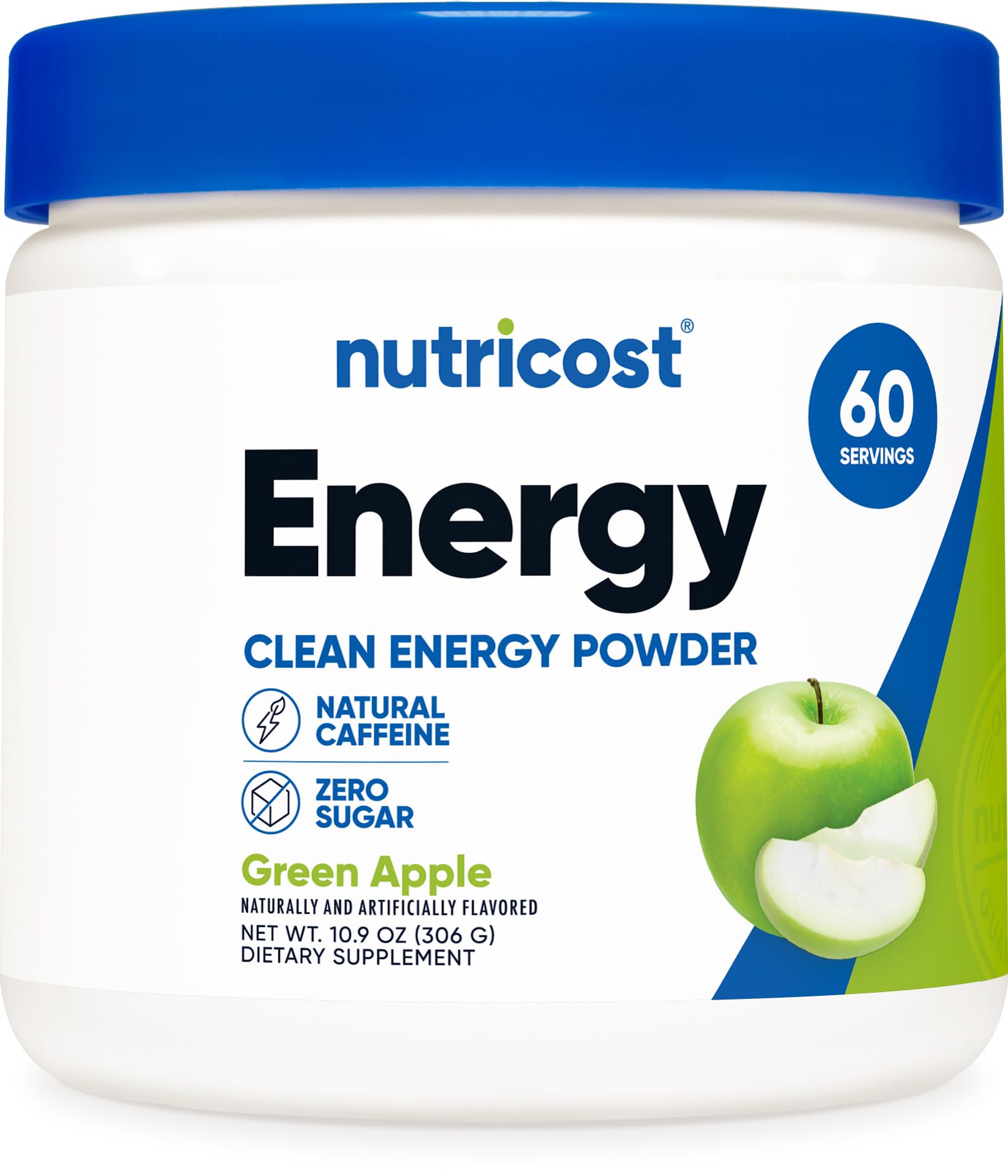 Nutricost envase frontal manzana verde mostrando etiqueta y beneficios