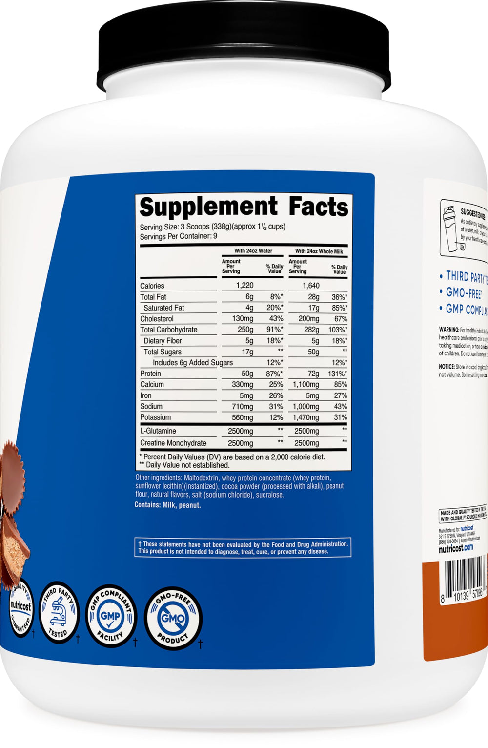 Etiqueta Nutricost con ingredientes clave y certificaciones para confianza y calidad