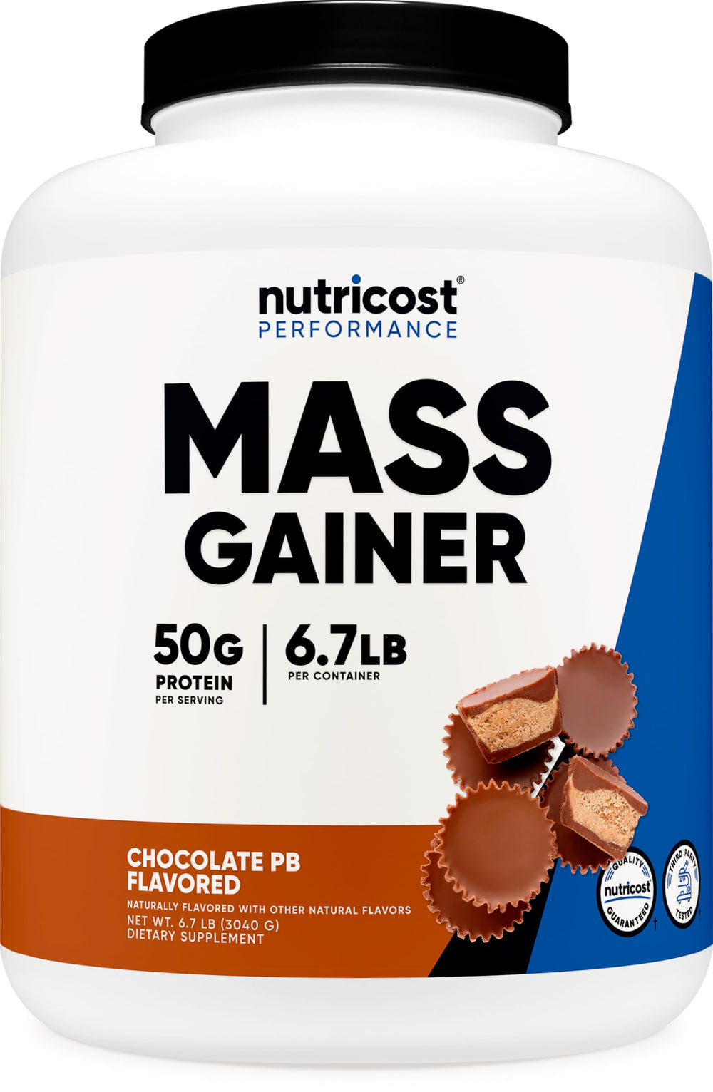 Nutricost bote frontal mostrando tamaño y sabor Chocolate Peanut Butter para ganancia de masa