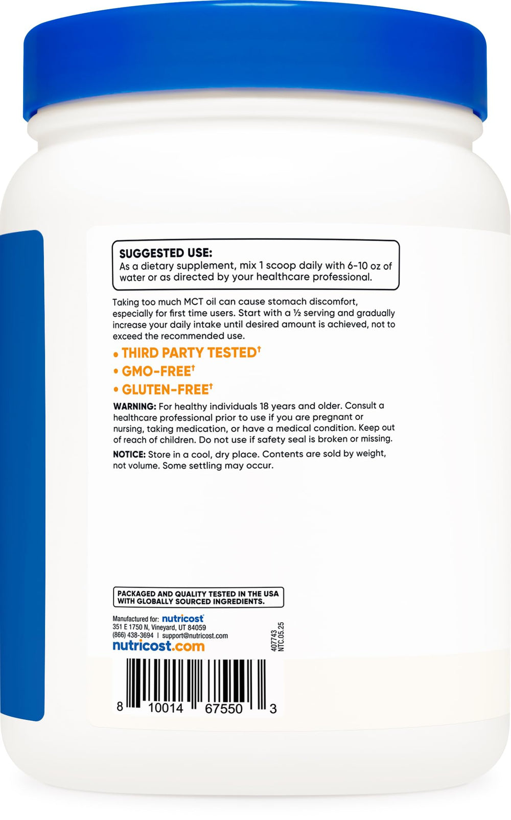Nutricost MCT etiqueta con porcentajes C8 C10 y certificaciones