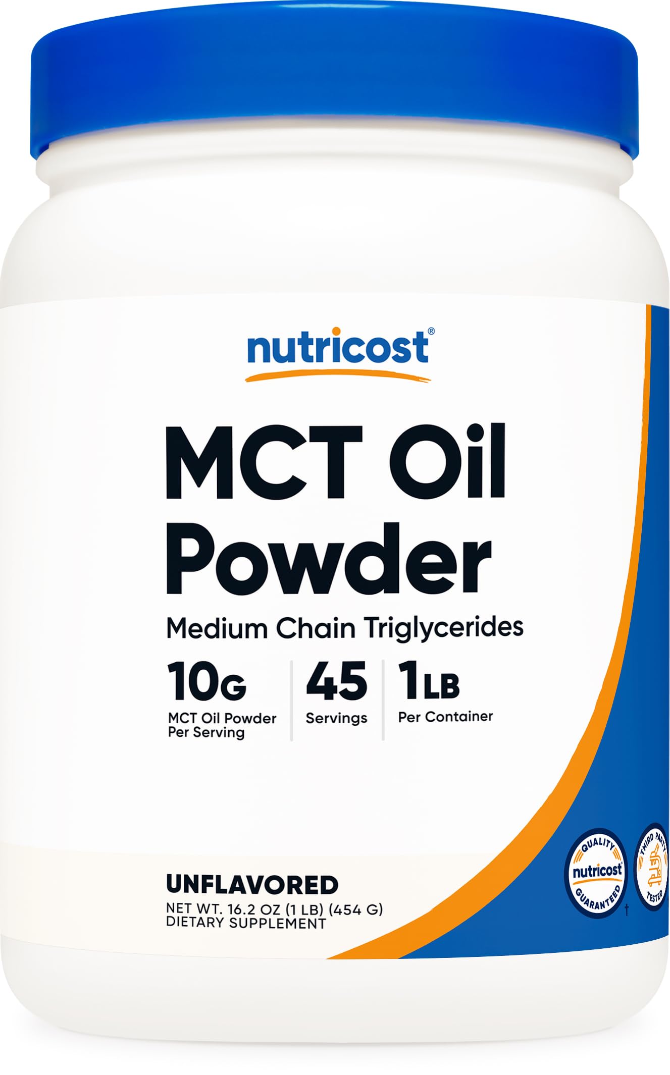 Nutricost MCT polvo frontal mostrando envase y beneficios de mezcla rápida