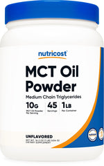 Nutricost MCT polvo frontal mostrando envase y beneficios de mezcla rápida