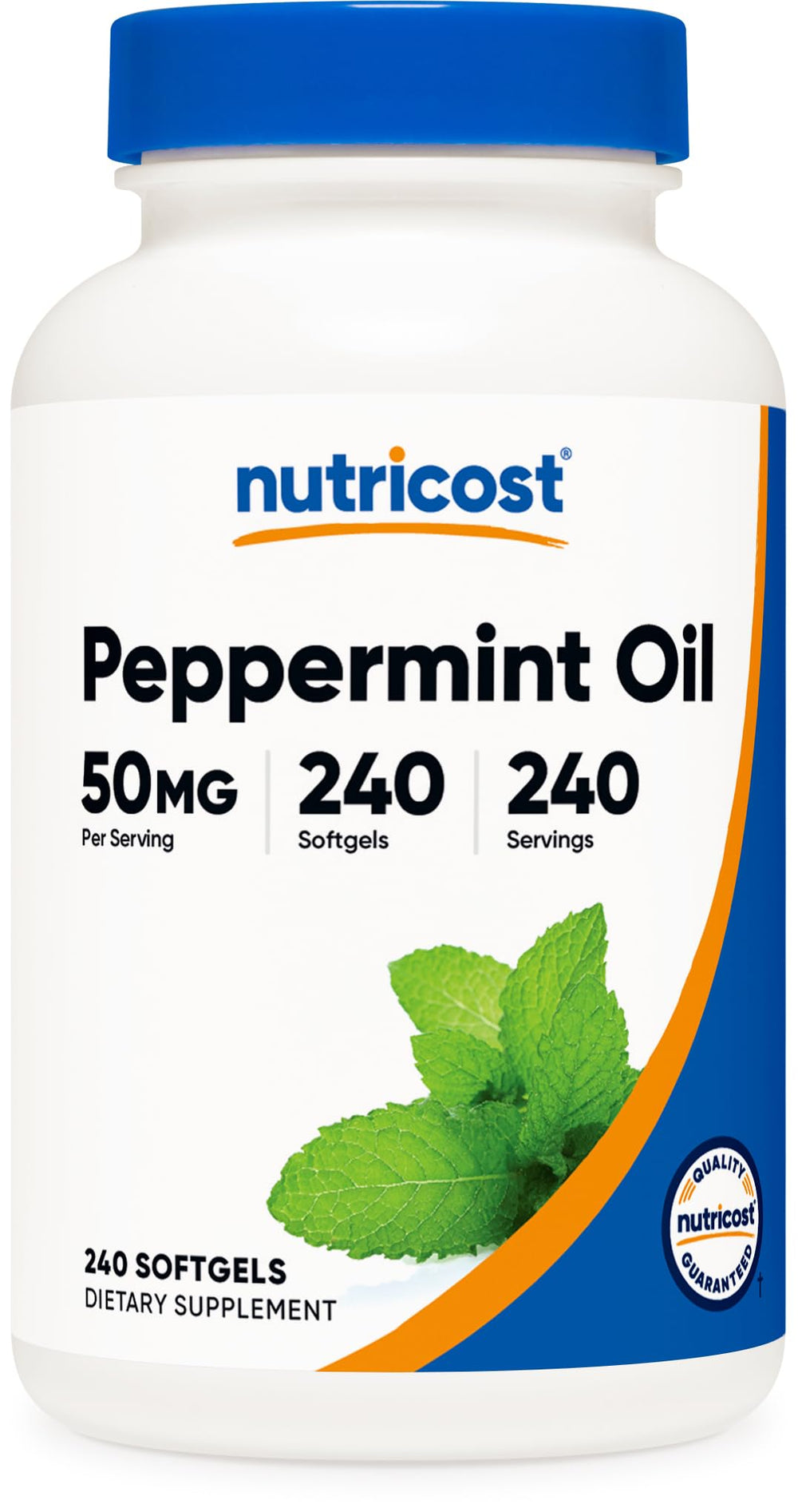 Nutricost Aceite de Menta en cápsulas blandas, botella frontal, fácil de incorporar a la rutina diaria.