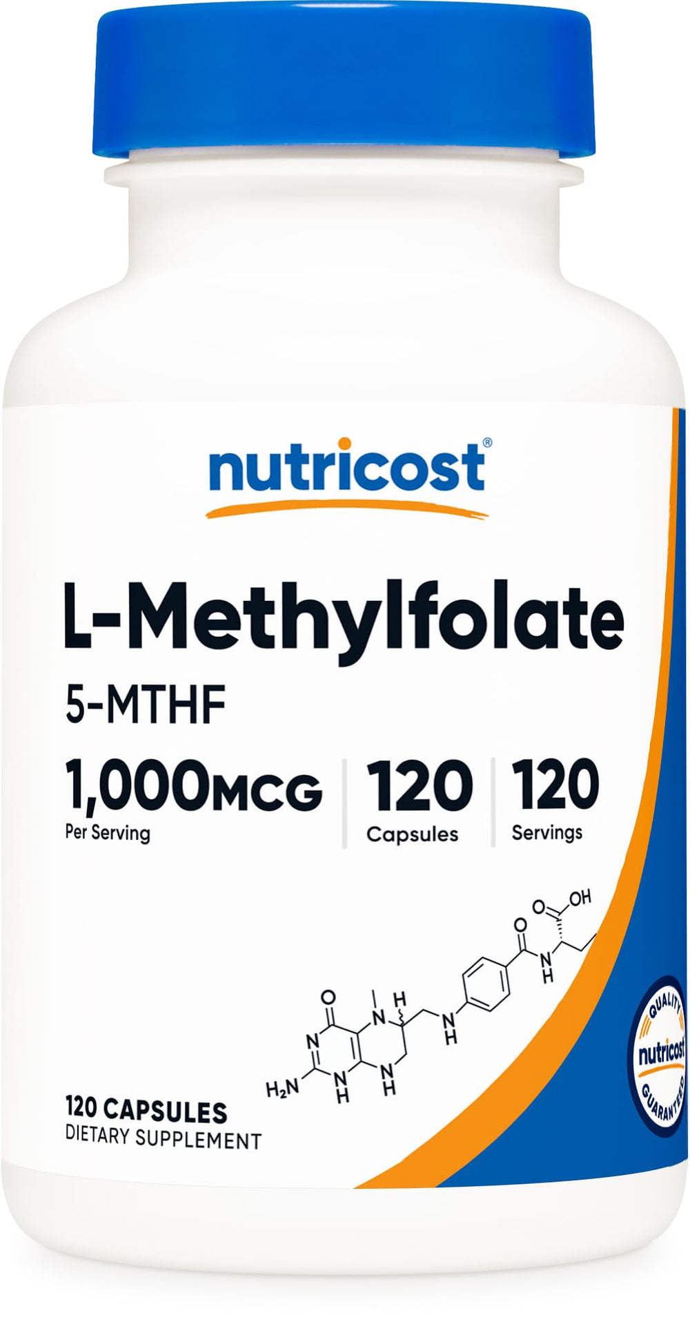 Nutricost envase frontal MethylFolate con etiqueta clara y beneficios