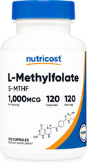 Nutricost envase frontal MethylFolate con etiqueta clara y beneficios