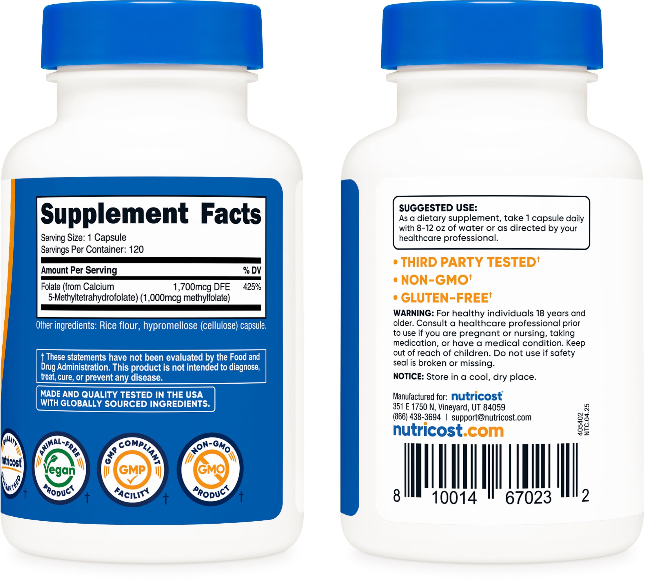 Comparación de tamaño Nutricost MethylFolate en la mano para escala práctica