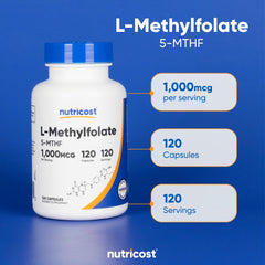 Botella Nutricost MethylFolate junto a una rutina matutina para conveniencia
