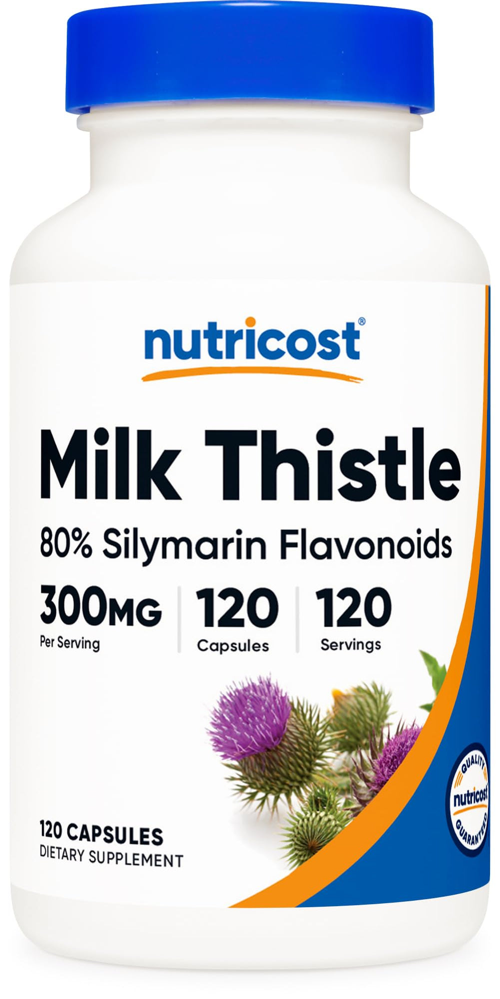 Nutricost frasco frontal de Milk Thistle con etiqueta clara y ventaja de suministro
