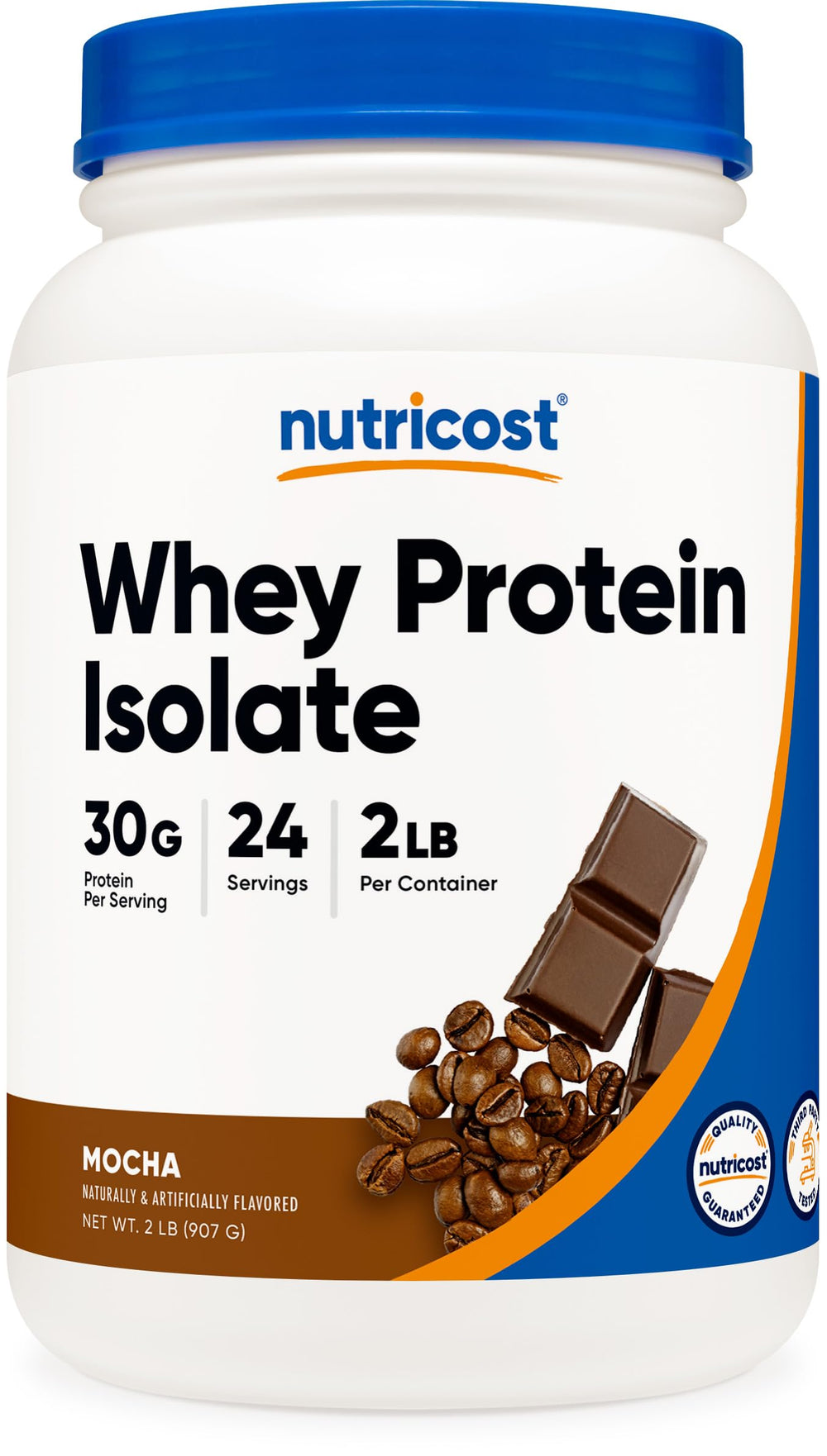 Nutricost envase frontal Mocha mostrando el diseño y beneficio de proteína pura