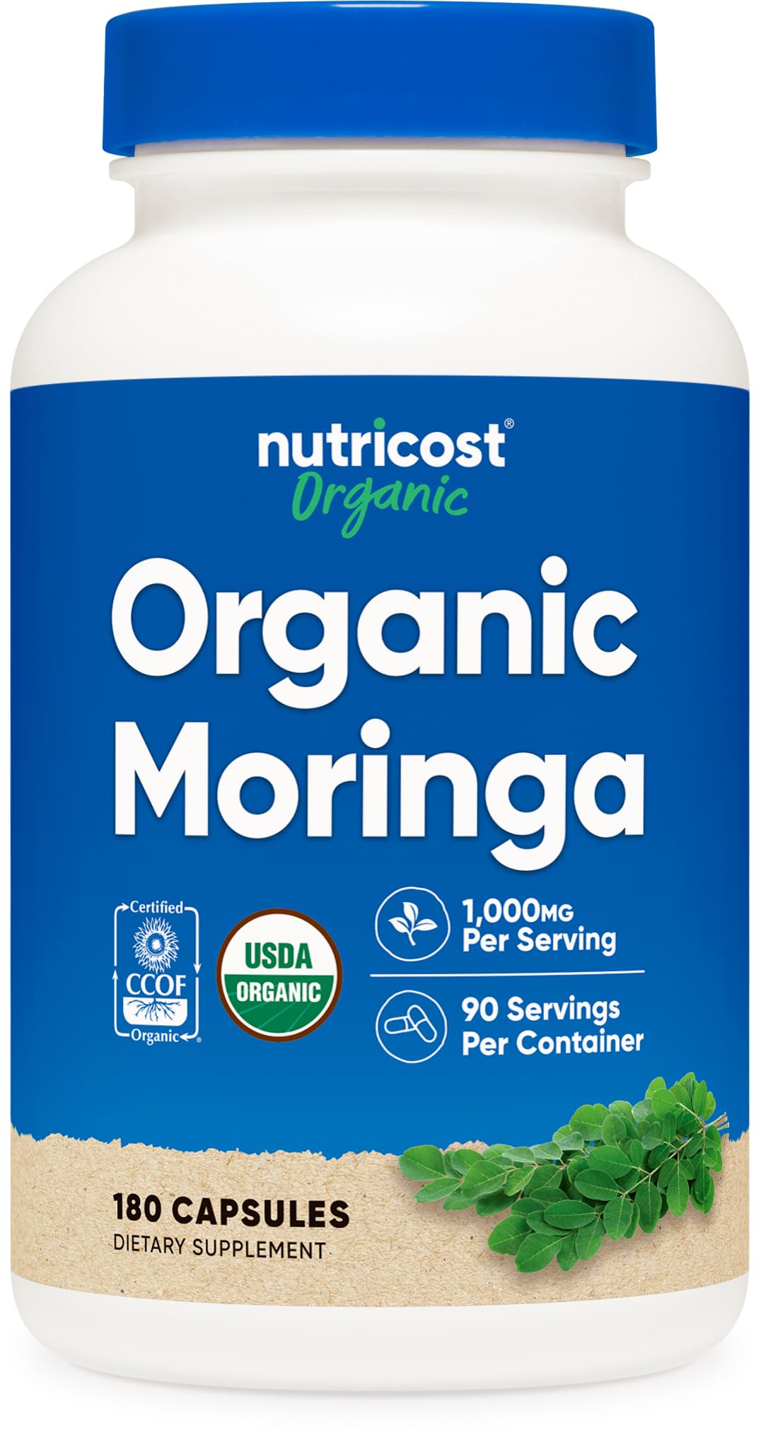 Nutricost moringa frente del empaque muestra cantidad y beneficio de suministro prolongado