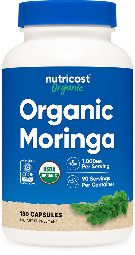 Nutricost moringa frente del empaque muestra cantidad y beneficio de suministro prolongado