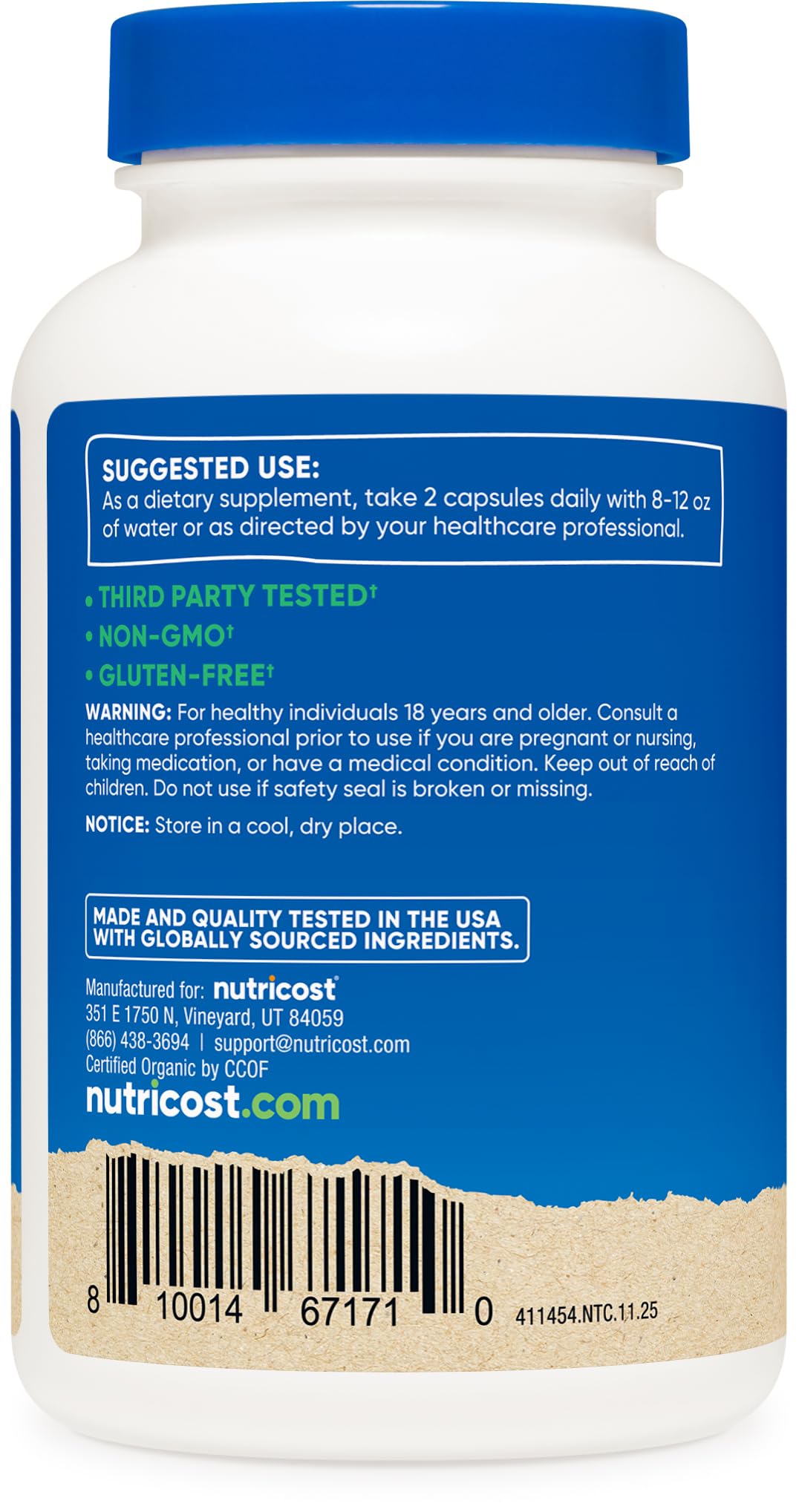 Nutricost moringa etiqueta con certificaciones GMP y sin gluten visible para confianza