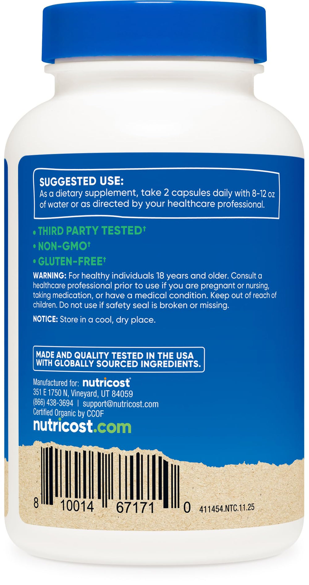 Nutricost moringa etiqueta con certificaciones GMP y sin gluten visible para confianza