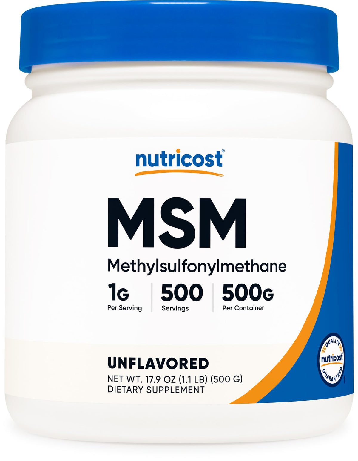 Nutricost envase frontal del polvo MSM mostrando cantidad y marca