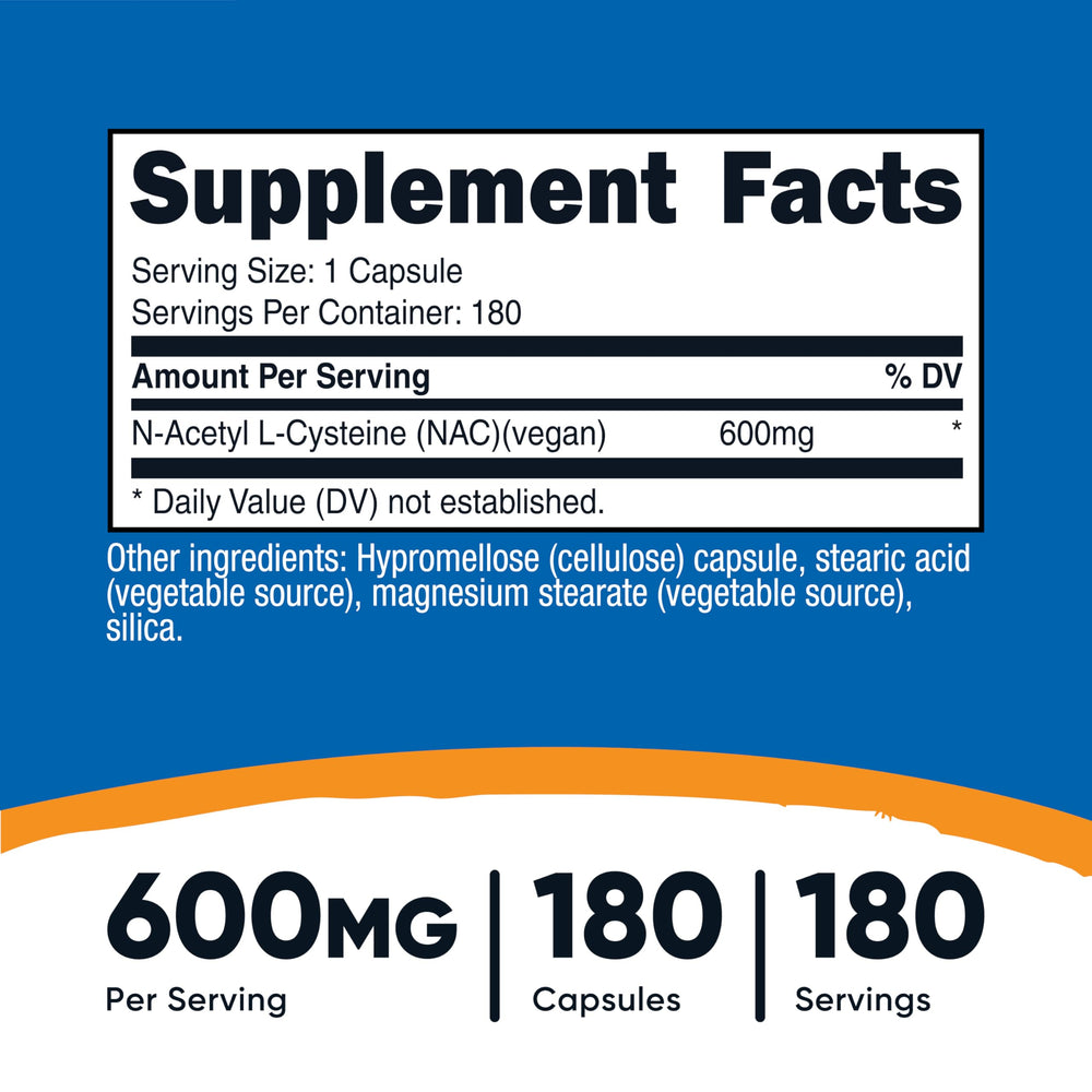 Nutricost NAC 600mg bottle label showing vegan and gluten-free claims
