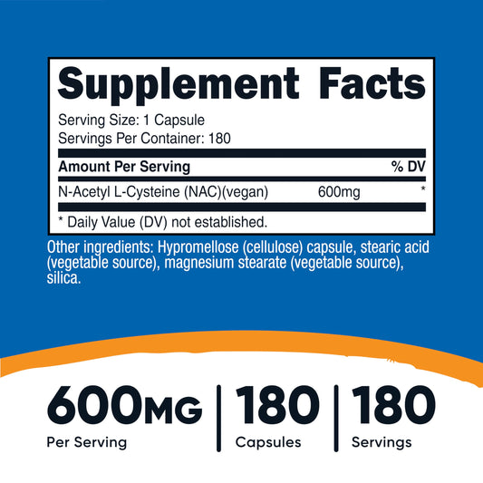 Nutricost NAC 600mg bottle label showing vegan and gluten-free claims