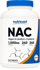 Nutricost frasco NAC 1000 mg frente mostrando el tamaño del envase y duración