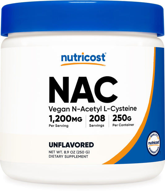 Nutricost NAC envase frontal mostrando etiqueta y beneficio de pureza