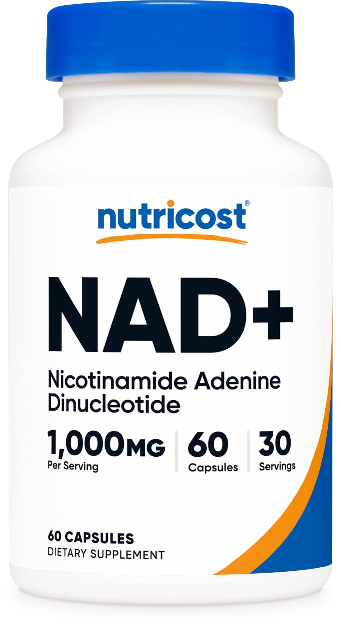 Frontal del frasco Nutricost NAD+ mostrando 60 cápsulas y beneficios claros