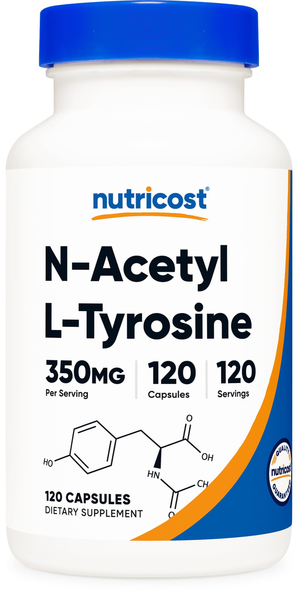 Nutricost N-Acetyl L-Tyrosine frasco frontal mostrando etiquetas y tamaño