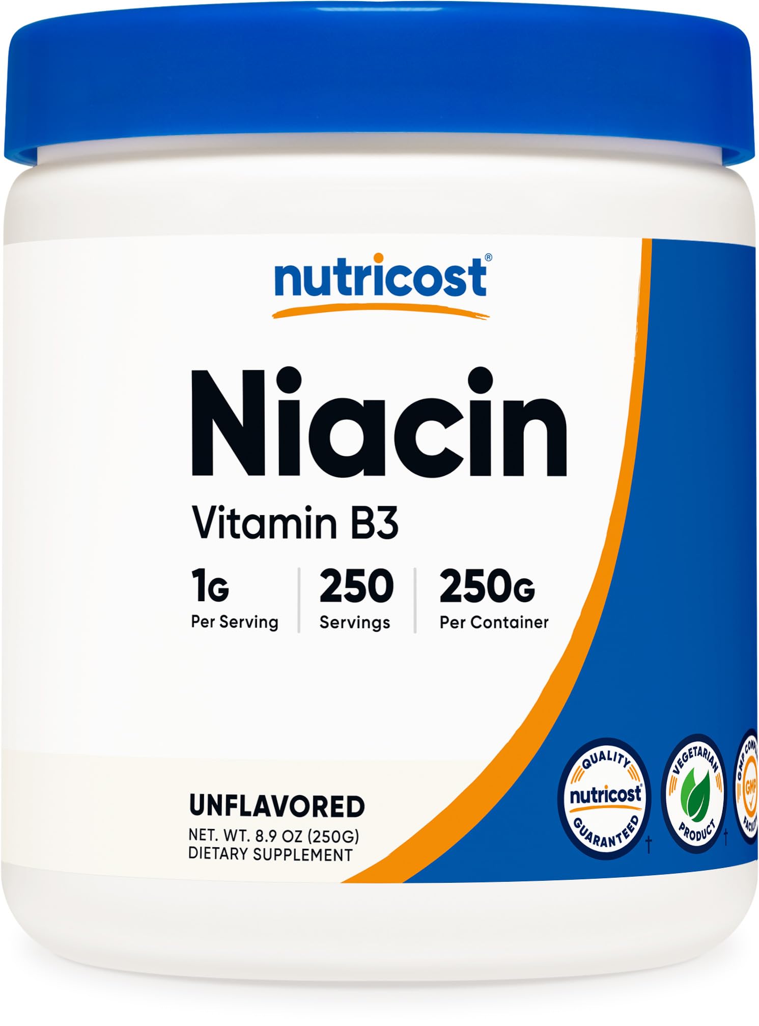 Nutricost niacin frente del envase mostrando presentación de 250 g y claridad del producto