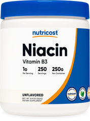 Nutricost niacin frente del envase mostrando presentación de 250 g y claridad del producto