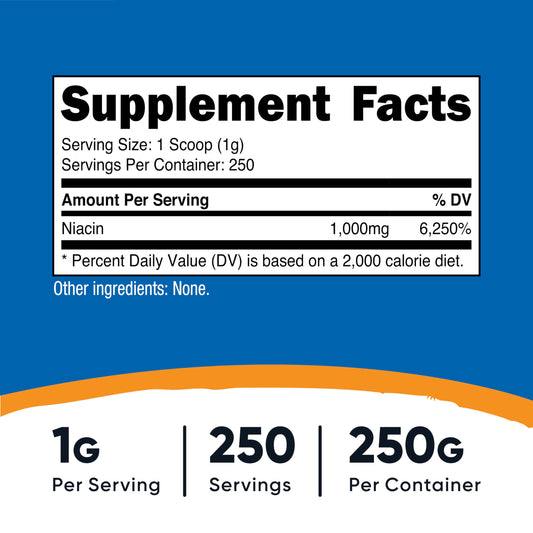 Nutricost niacin primer plano del polvo para apreciar textura fina y facilidad de mezcla
