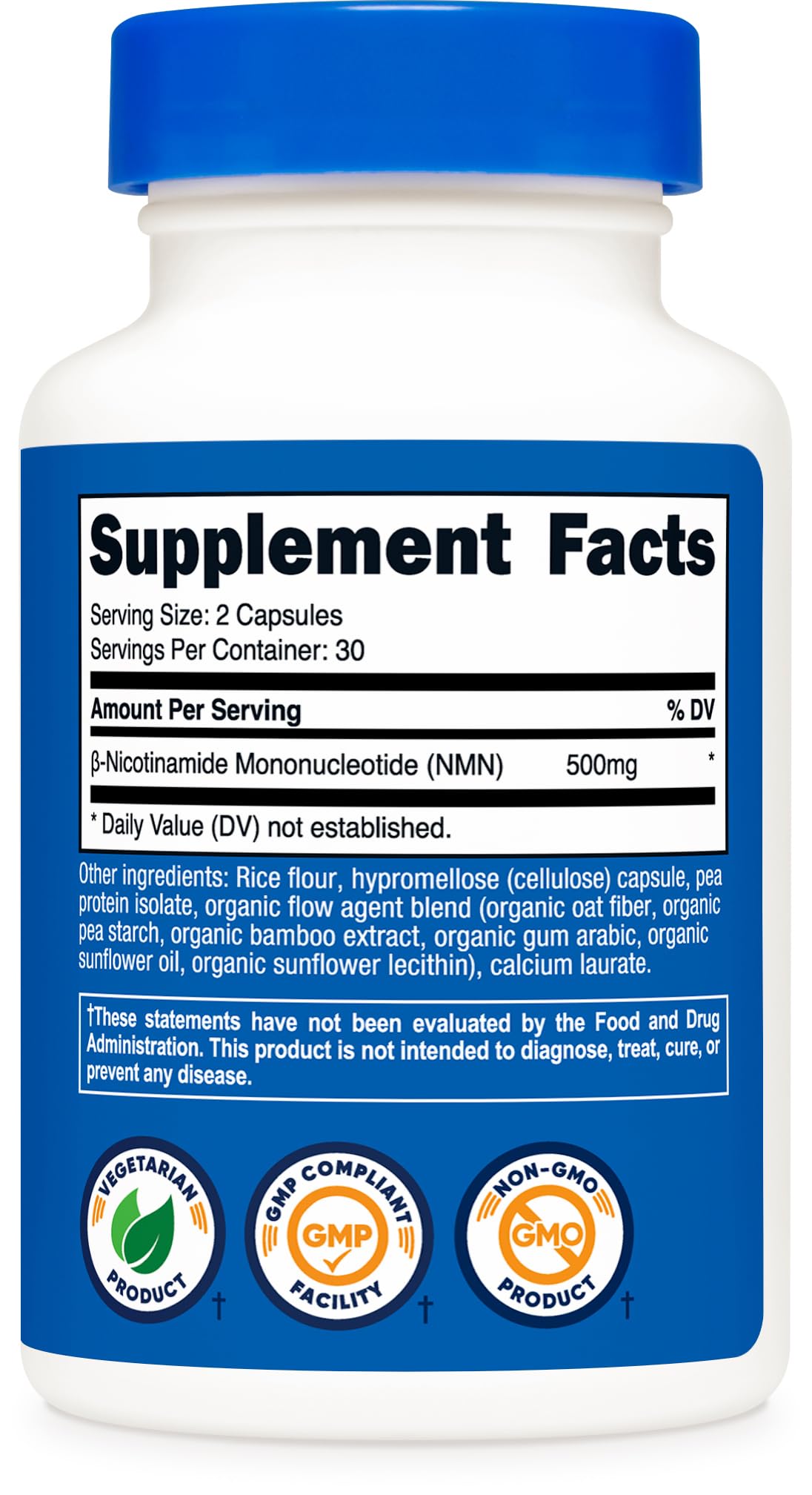 Etiqueta de Nutricost NMN destacando ingredientes y pruebas de calidad ISO