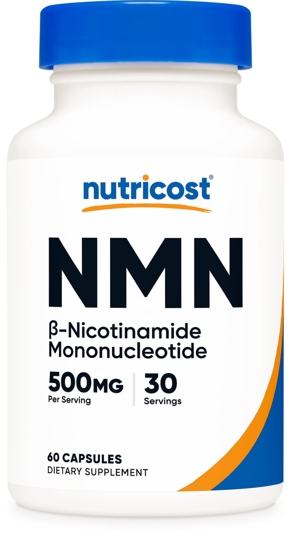 Nutricost frasco frontal de NMN 500 mg mostrando el diseño y beneficio de dosis clara