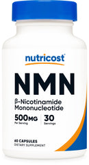 Nutricost frasco frontal de NMN 500 mg mostrando el diseño y beneficio de dosis clara