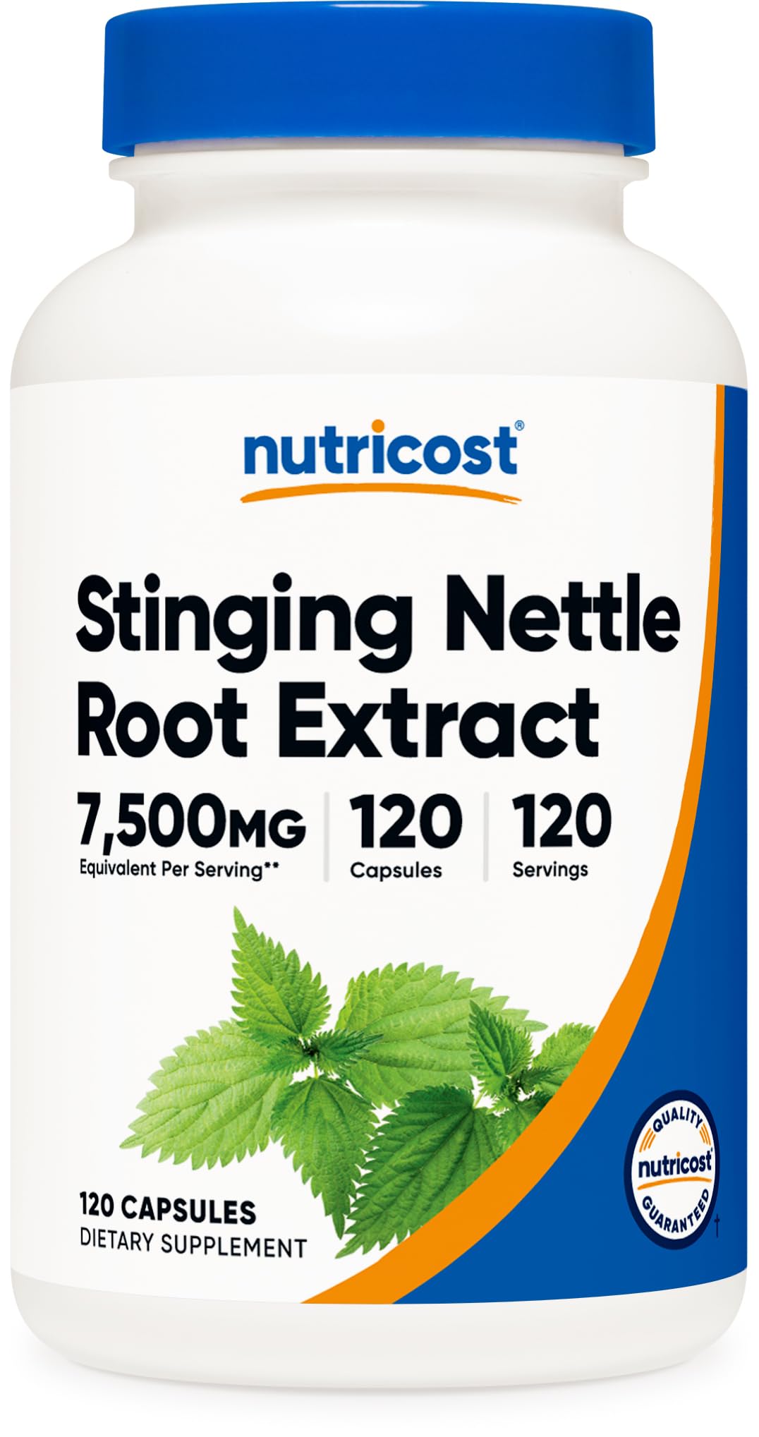Nutricost envase frontal de cápsulas de raíz de ortiga, presentación clara y duradera