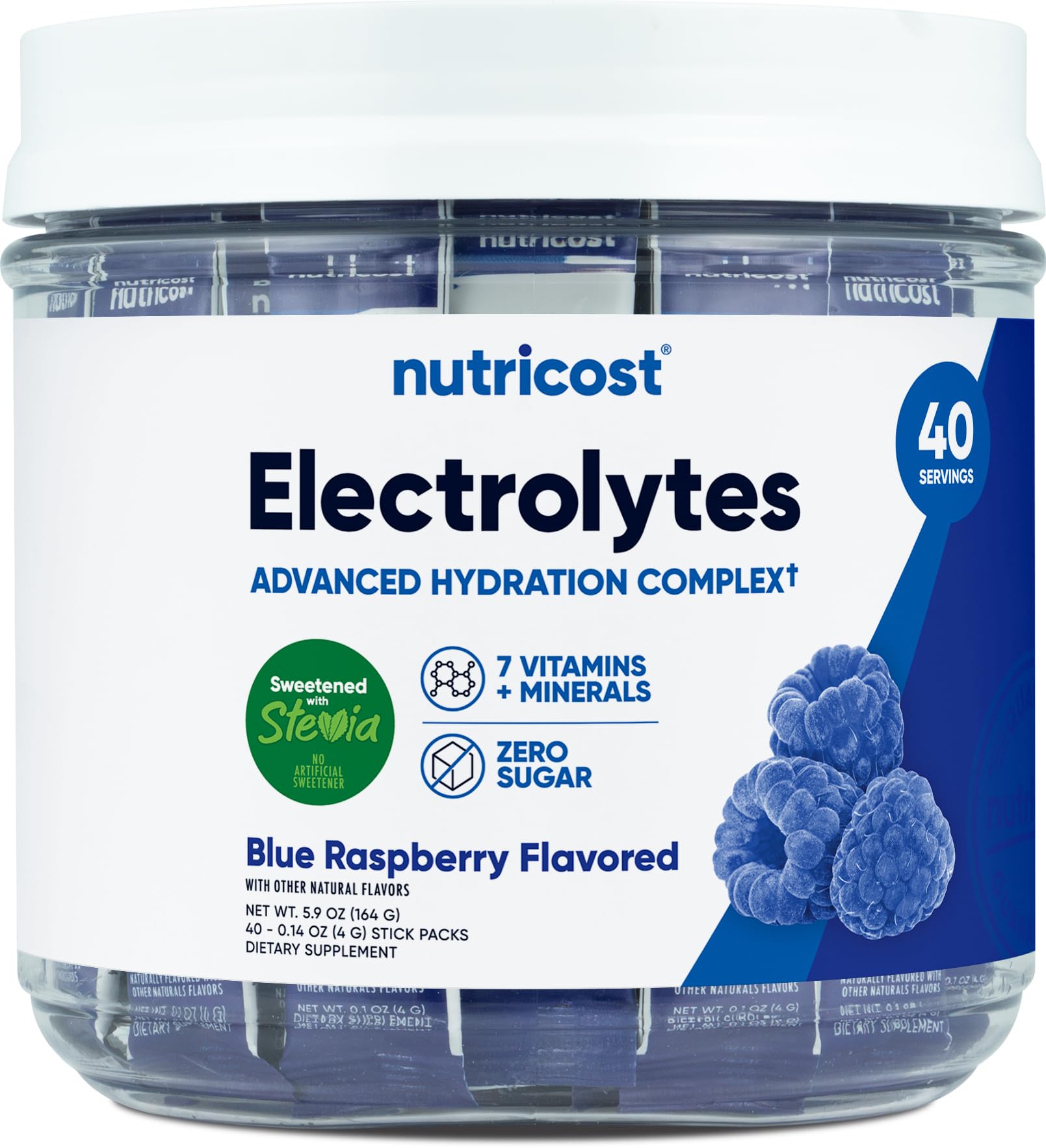 Nutricost envase frontal blue raspberry mostrando 40 stickpacks y beneficio de portabilidad