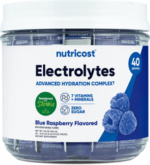 Nutricost envase frontal blue raspberry mostrando 40 stickpacks y beneficio de portabilidad