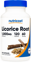 Nutricost frasco frontal de Licorice Root mostrando presentación clara y beneficio de pureza